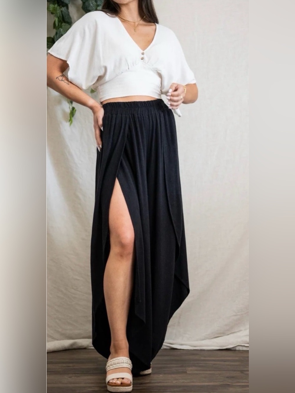Sozy Soft & Cozy Black Flowy Rayon Linen Pants Vacation Beach Travel Resort